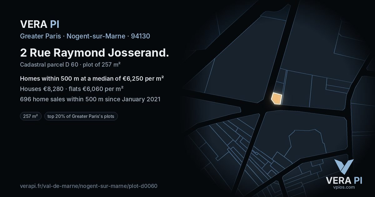 2 Rue Raymond Josserand, Nogent-sur-Marne at night – the plot lit, the parcels around coloured by the prices near them