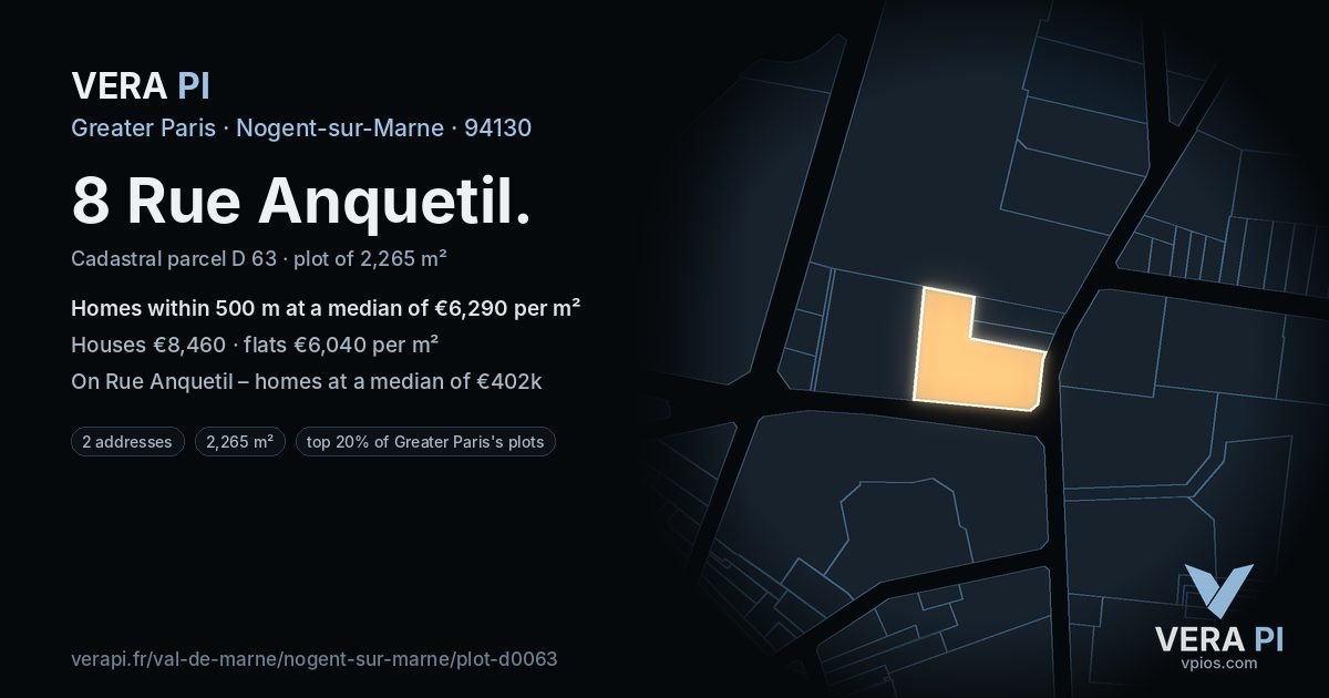 8 Rue Anquetil, Nogent-sur-Marne at night – the plot lit, the parcels around coloured by the prices near them