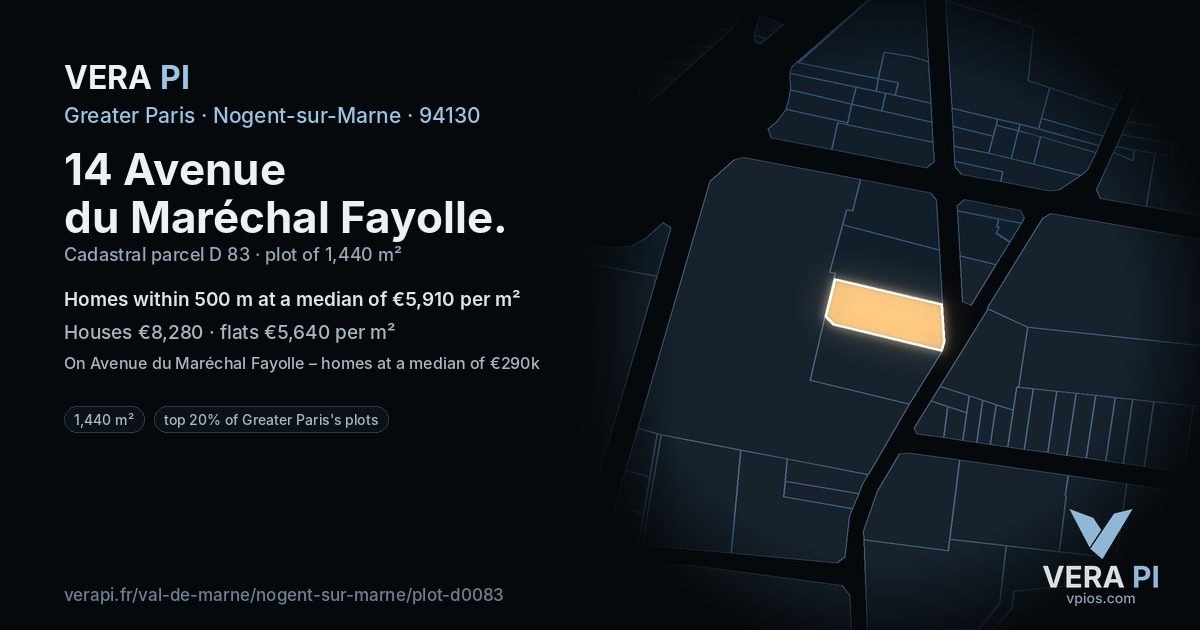 14 Avenue du Maréchal Fayolle, Nogent-sur-Marne at night – the plot lit, the parcels around coloured by the prices near them