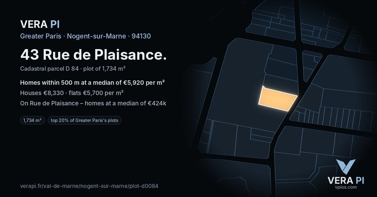43 Rue de Plaisance, Nogent-sur-Marne at night – the plot lit, the parcels around coloured by the prices near them