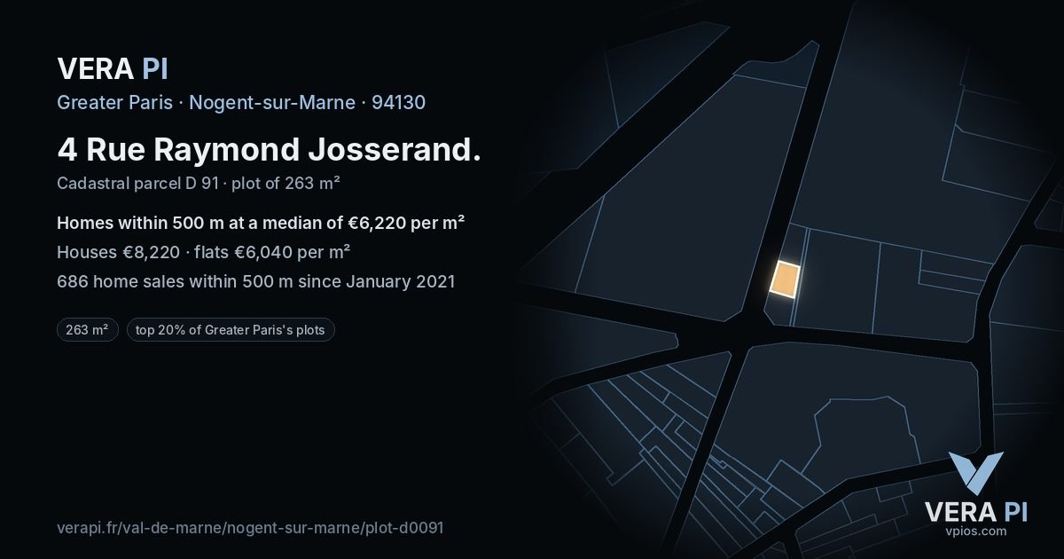 4 Rue Raymond Josserand, Nogent-sur-Marne at night – the plot lit, the parcels around coloured by the prices near them
