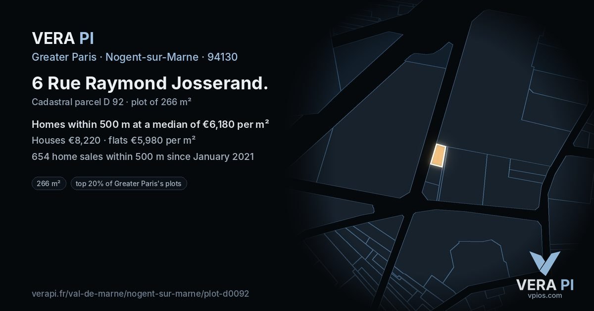 6 Rue Raymond Josserand, Nogent-sur-Marne at night – the plot lit, the parcels around coloured by the prices near them