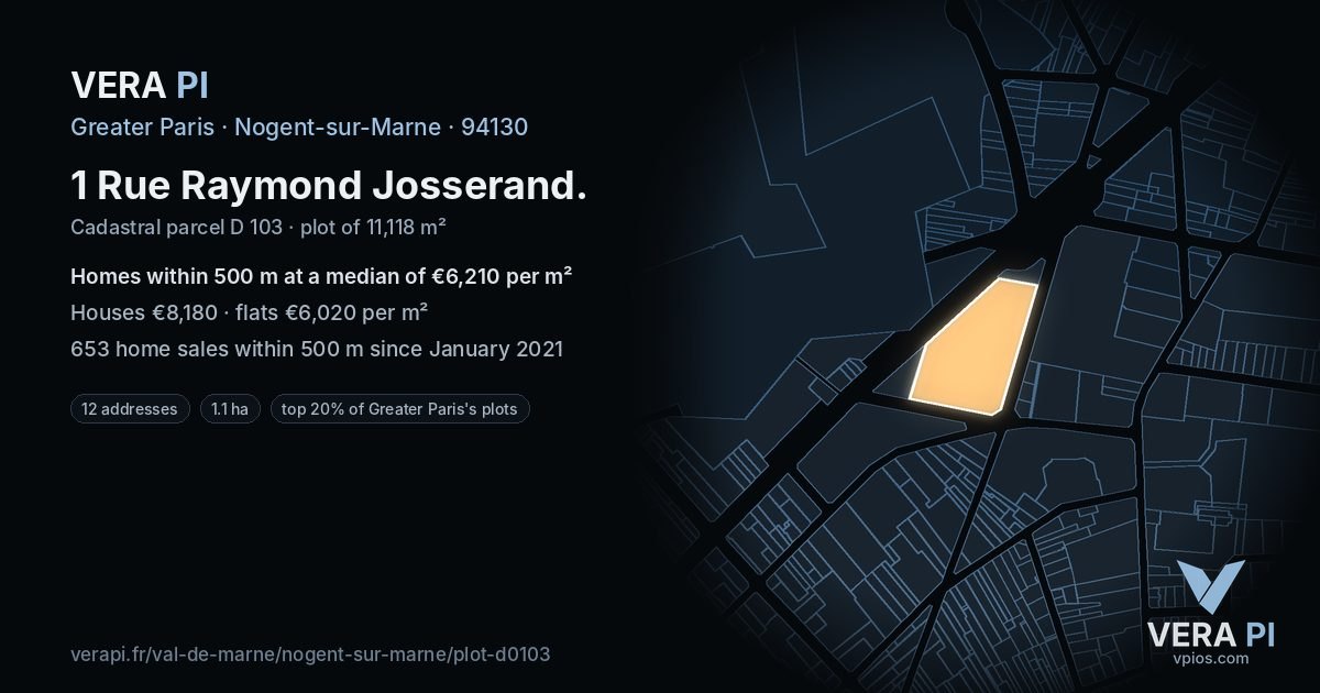 1 Rue Raymond Josserand, Nogent-sur-Marne at night – the plot lit, the parcels around coloured by the prices near them