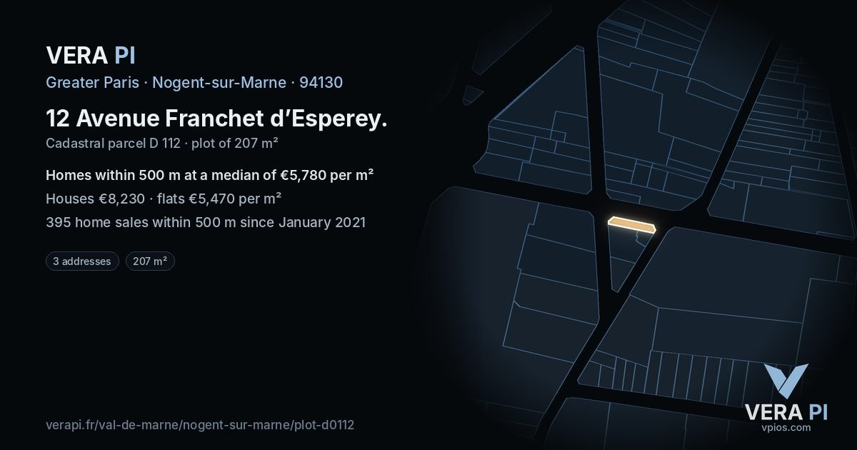12 Avenue Franchet d’Esperey, Nogent-sur-Marne at night – the plot lit, the parcels around coloured by the prices near them