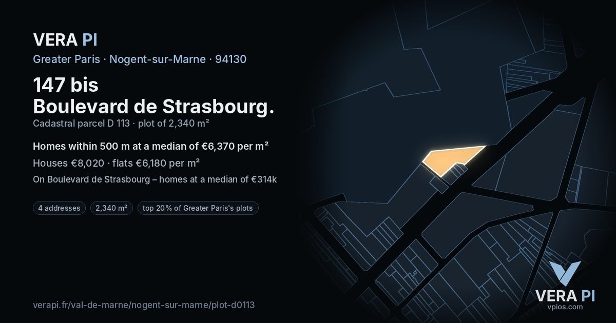 147 bis Boulevard de Strasbourg, Nogent-sur-Marne at night – the plot lit, the parcels around coloured by the prices near them