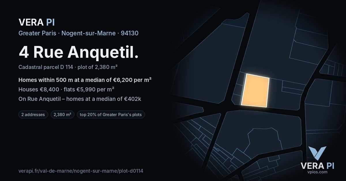 4 Rue Anquetil, Nogent-sur-Marne at night – the plot lit, the parcels around coloured by the prices near them