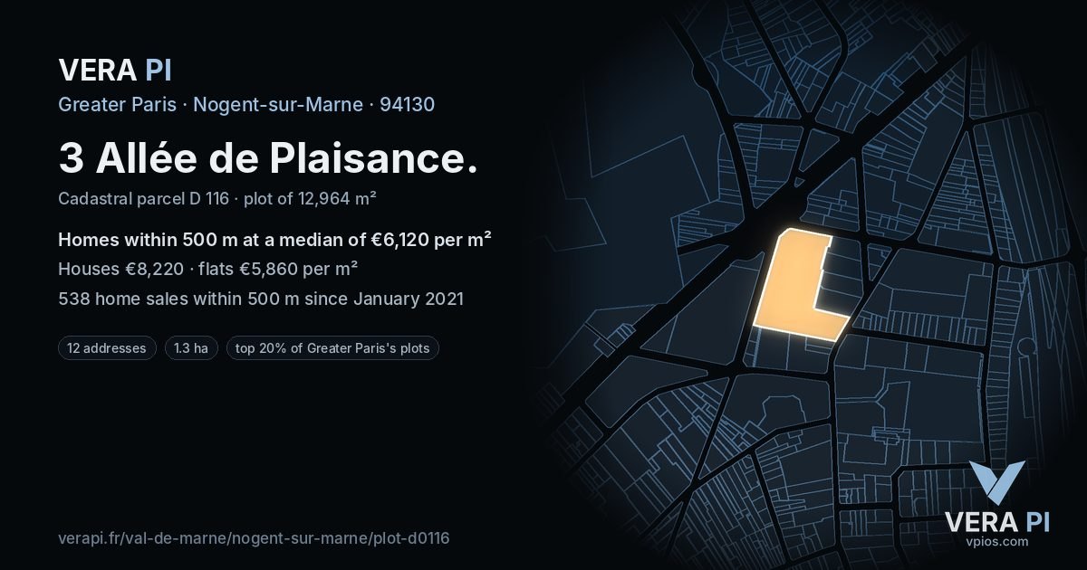 3 Allée de Plaisance, Nogent-sur-Marne at night – the plot lit, the parcels around coloured by the prices near them
