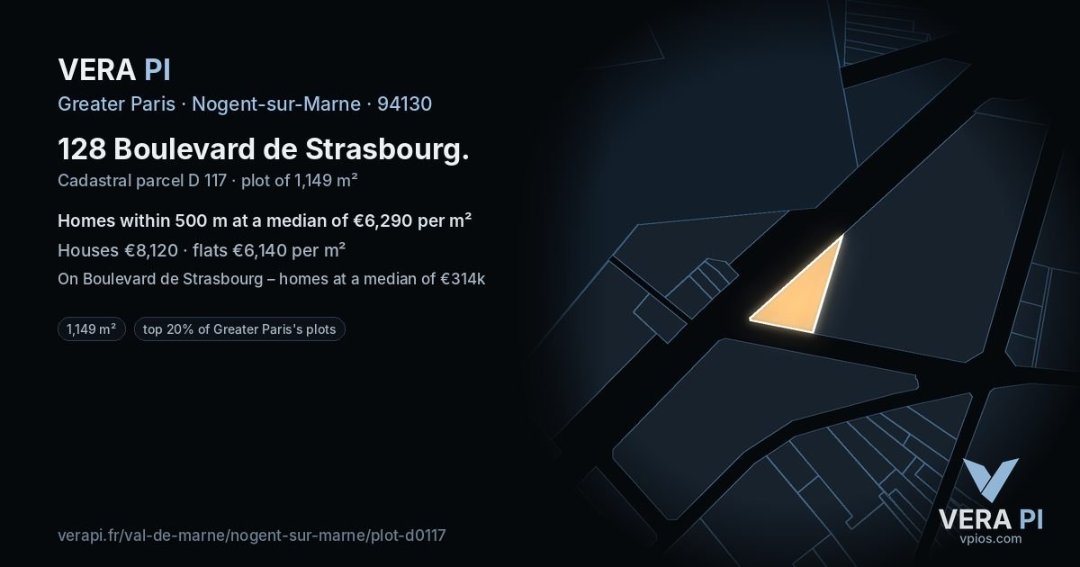 128 Boulevard de Strasbourg, Nogent-sur-Marne at night – the plot lit, the parcels around coloured by the prices near them