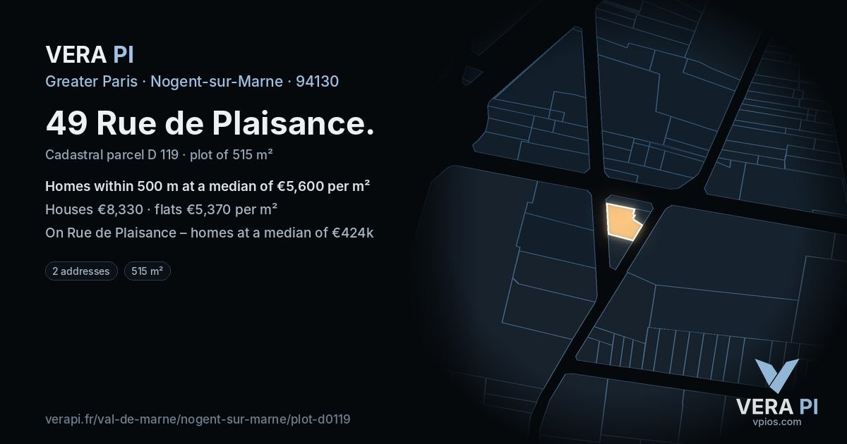 49 Rue de Plaisance, Nogent-sur-Marne at night – the plot lit, the parcels around coloured by the prices near them