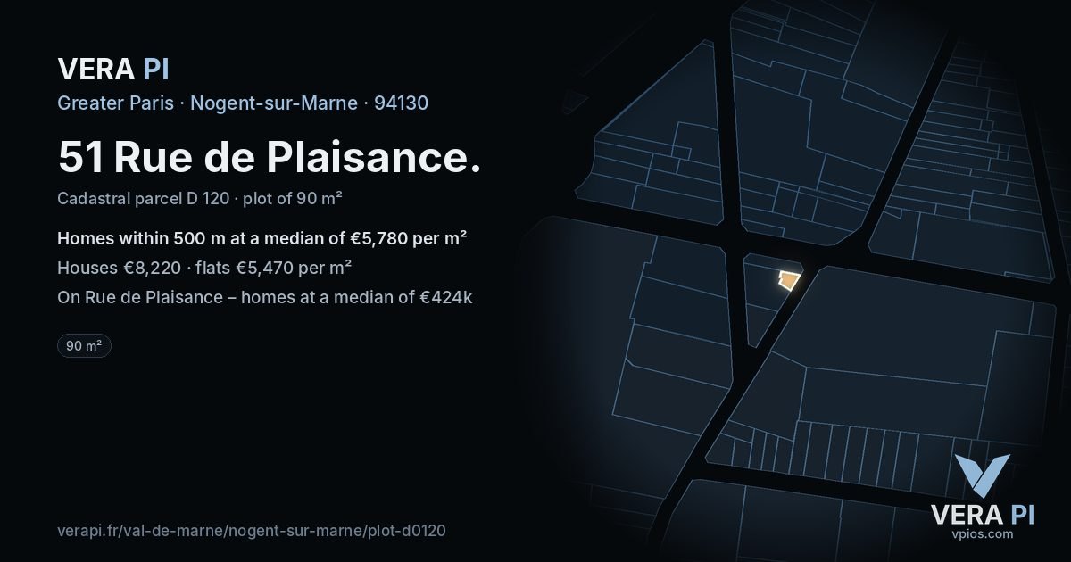 51 Rue de Plaisance, Nogent-sur-Marne at night – the plot lit, the parcels around coloured by the prices near them