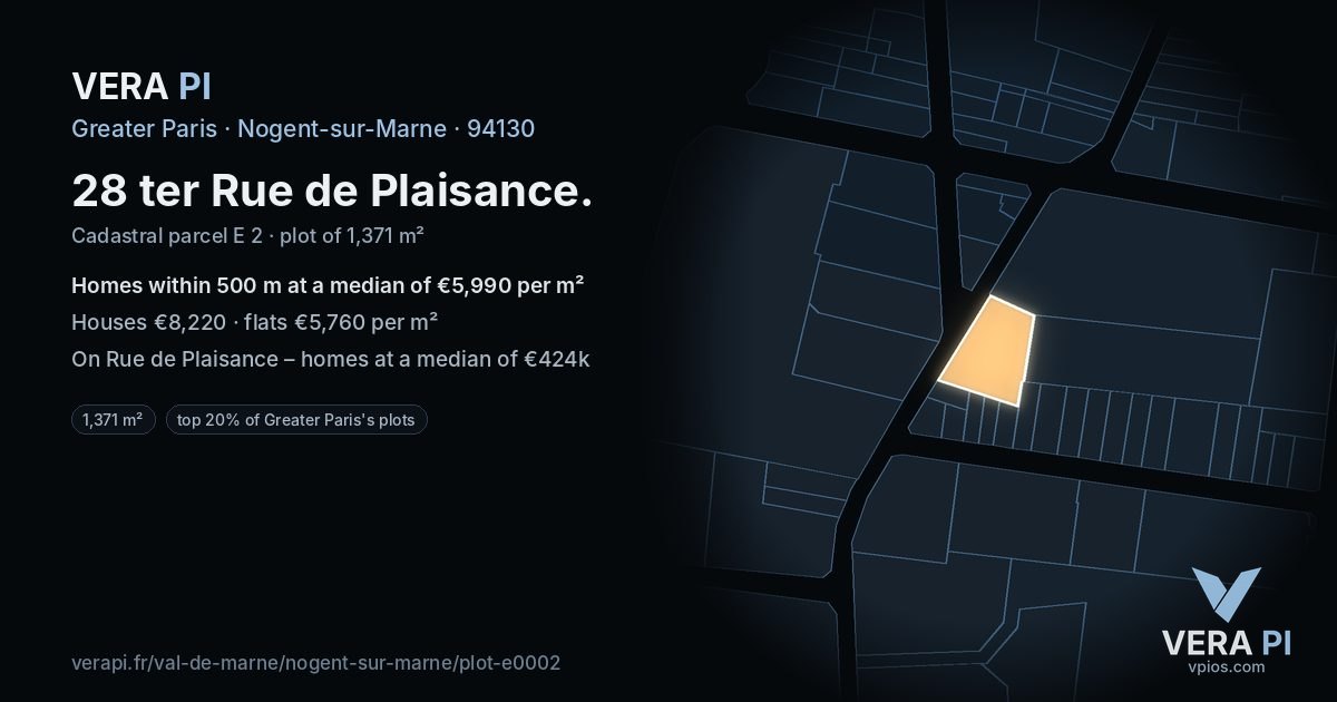 28 ter Rue de Plaisance, Nogent-sur-Marne at night – the plot lit, the parcels around coloured by the prices near them