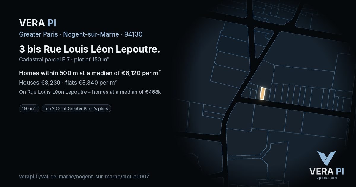 3 bis Rue Louis Léon Lepoutre, Nogent-sur-Marne at night – the plot lit, the parcels around coloured by the prices near them