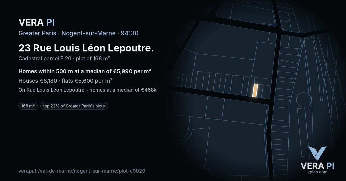 23 Rue Louis Léon Lepoutre, Nogent-sur-Marne at night – the plot lit, the parcels around coloured by the prices near them