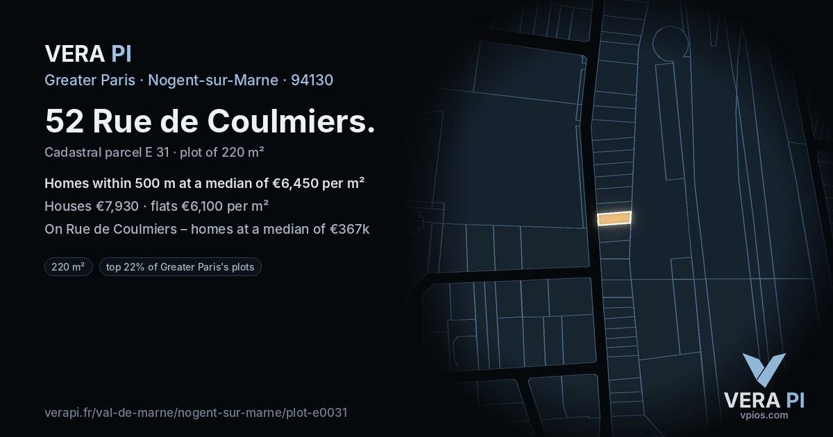 52 Rue de Coulmiers, Nogent-sur-Marne at night – the plot lit, the parcels around coloured by the prices near them
