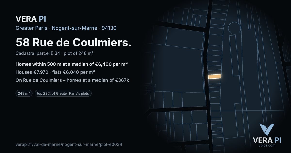 58 Rue de Coulmiers, Nogent-sur-Marne at night – the plot lit, the parcels around coloured by the prices near them