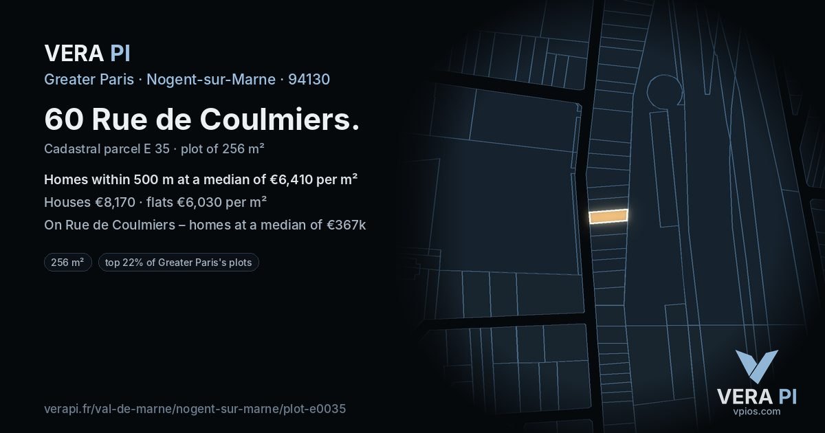 60 Rue de Coulmiers, Nogent-sur-Marne at night – the plot lit, the parcels around coloured by the prices near them