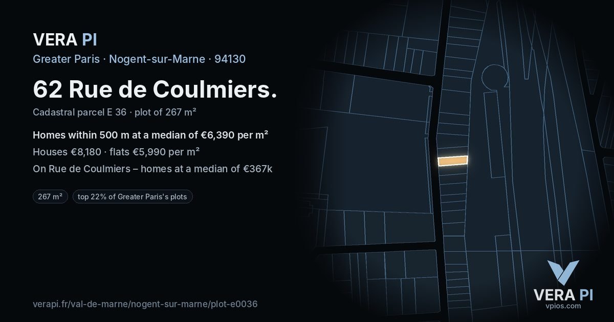 62 Rue de Coulmiers, Nogent-sur-Marne at night – the plot lit, the parcels around coloured by the prices near them