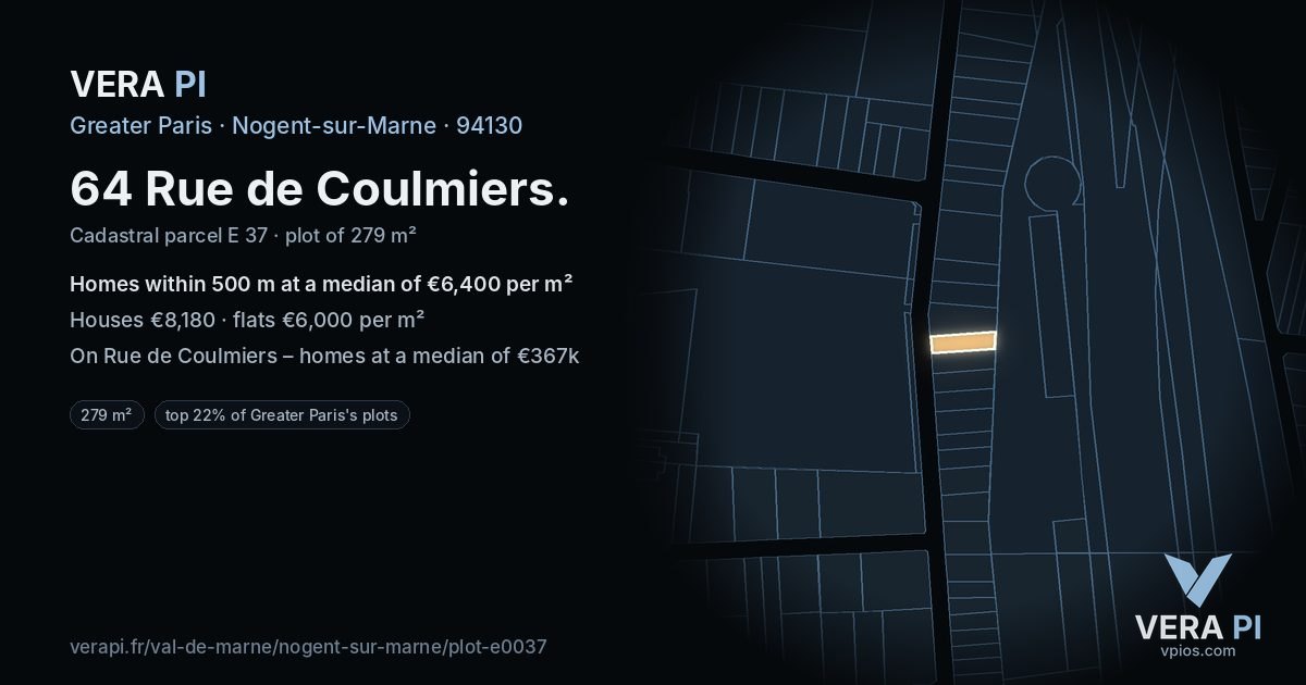 64 Rue de Coulmiers, Nogent-sur-Marne at night – the plot lit, the parcels around coloured by the prices near them