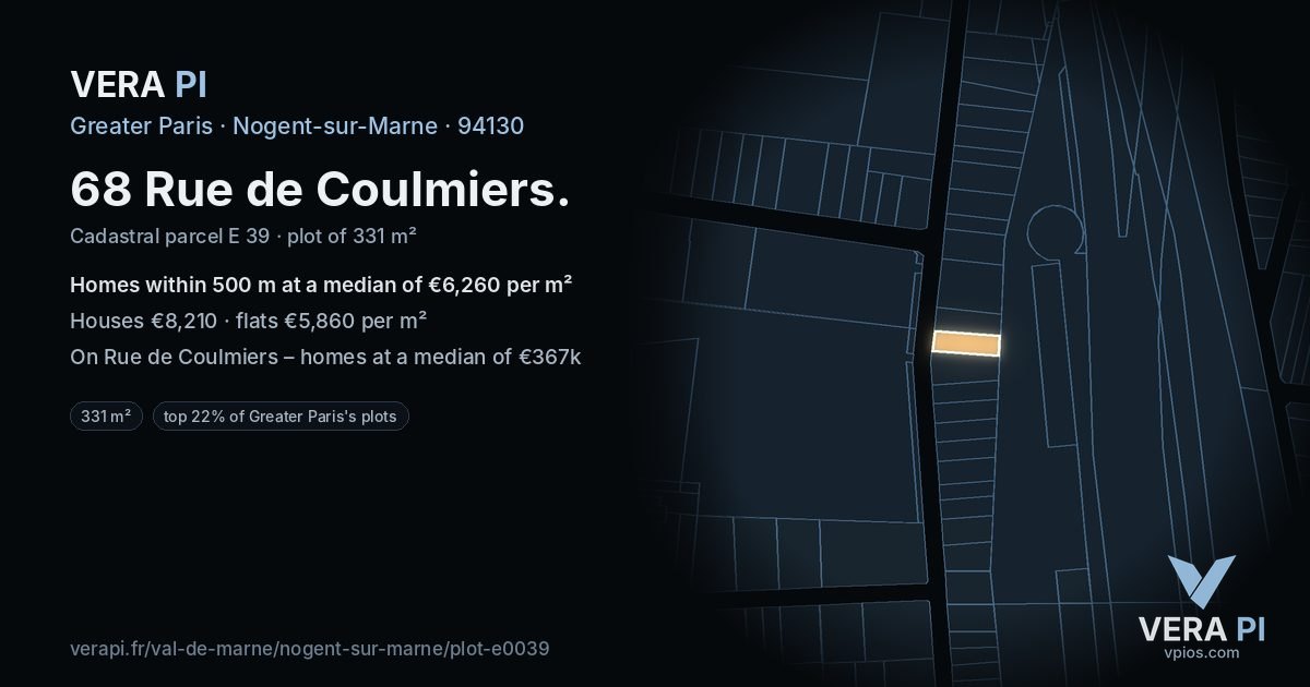 68 Rue de Coulmiers, Nogent-sur-Marne at night – the plot lit, the parcels around coloured by the prices near them
