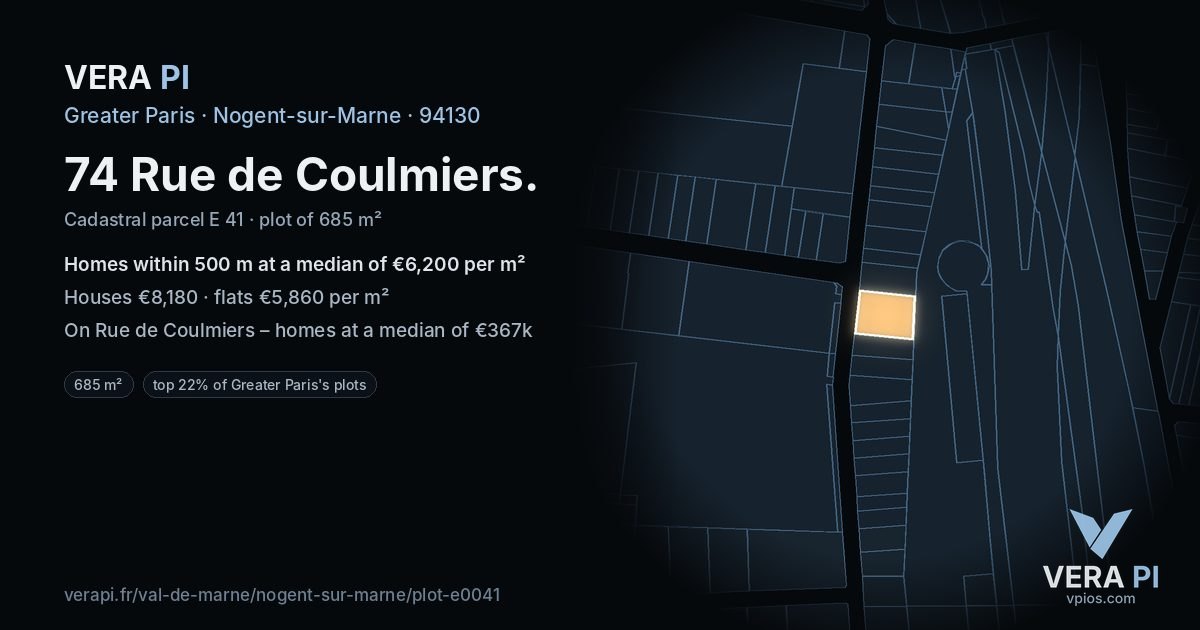 74 Rue de Coulmiers, Nogent-sur-Marne at night – the plot lit, the parcels around coloured by the prices near them