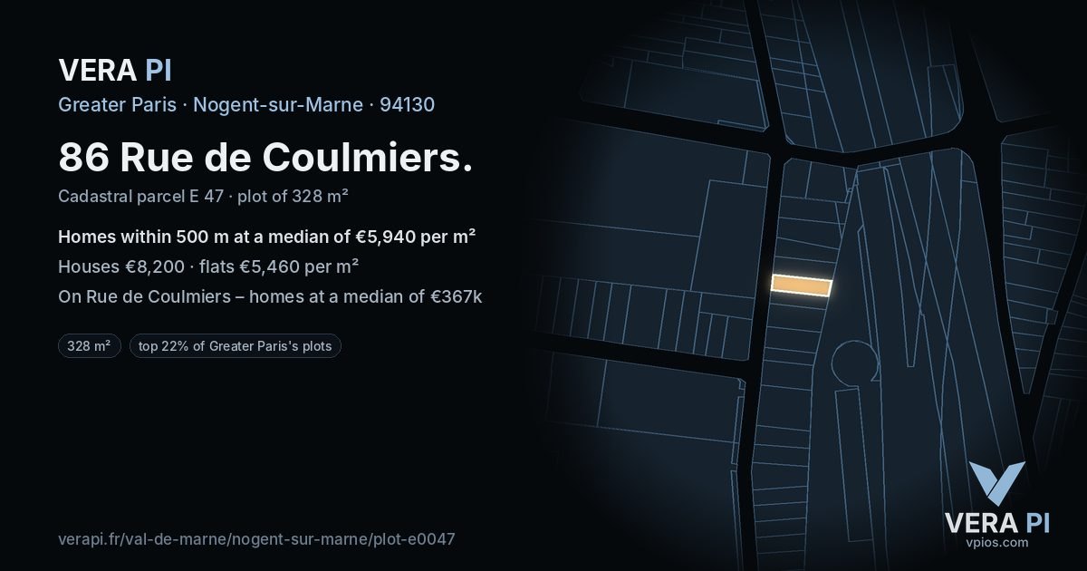 86 Rue de Coulmiers, Nogent-sur-Marne at night – the plot lit, the parcels around coloured by the prices near them