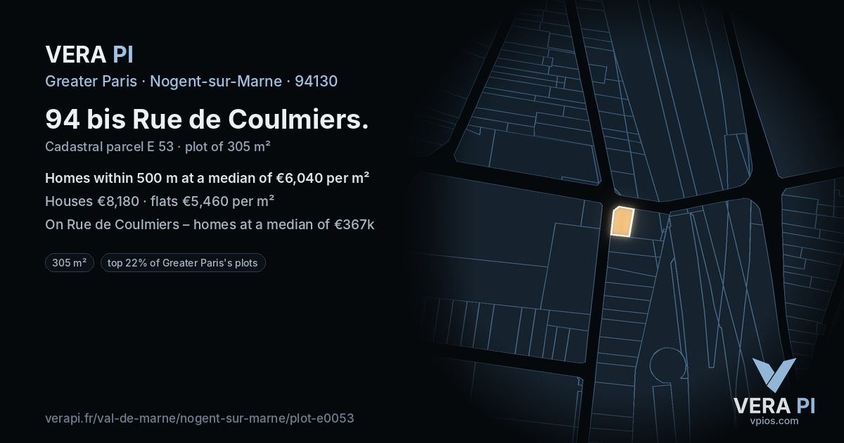 94 bis Rue de Coulmiers, Nogent-sur-Marne at night – the plot lit, the parcels around coloured by the prices near them