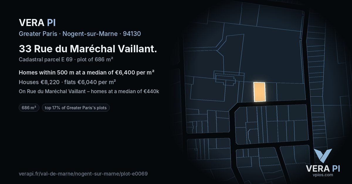 33 Rue du Maréchal Vaillant, Nogent-sur-Marne at night – the plot lit, the parcels around coloured by the prices near them
