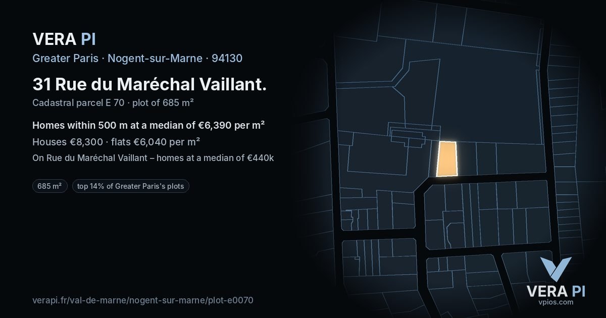 31 Rue du Maréchal Vaillant, Nogent-sur-Marne at night – the plot lit, the parcels around coloured by the prices near them