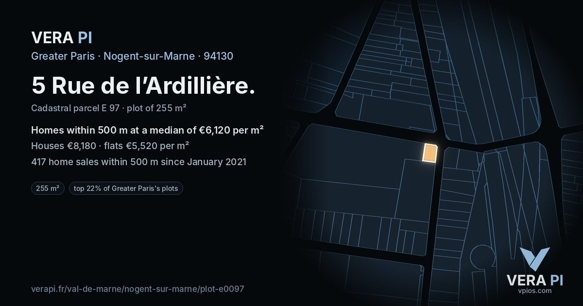 5 Rue de l’Ardillière, Nogent-sur-Marne at night – the plot lit, the parcels around coloured by the prices near them
