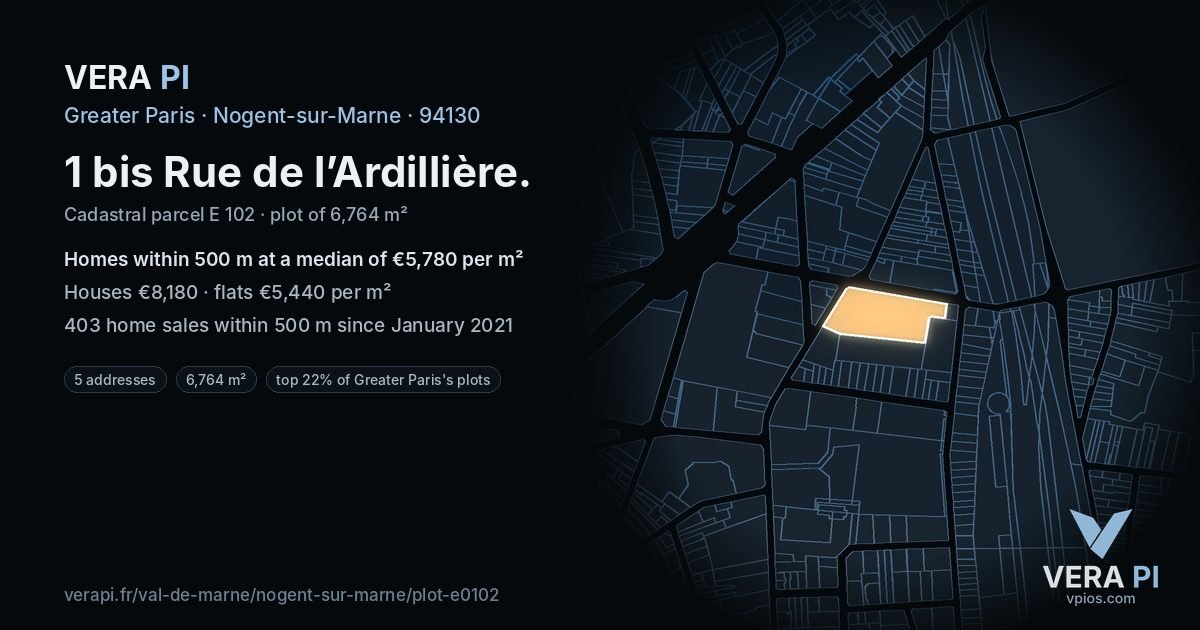 1 bis Rue de l’Ardillière, Nogent-sur-Marne at night – the plot lit, the parcels around coloured by the prices near them
