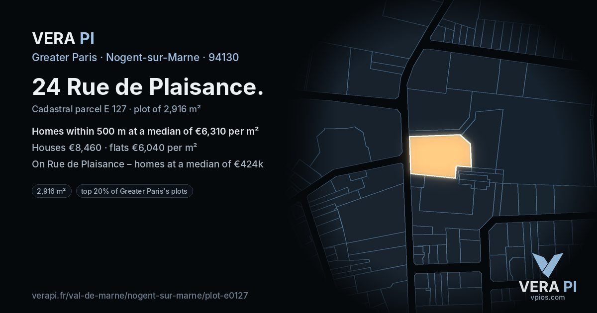 24 Rue de Plaisance, Nogent-sur-Marne at night – the plot lit, the parcels around coloured by the prices near them