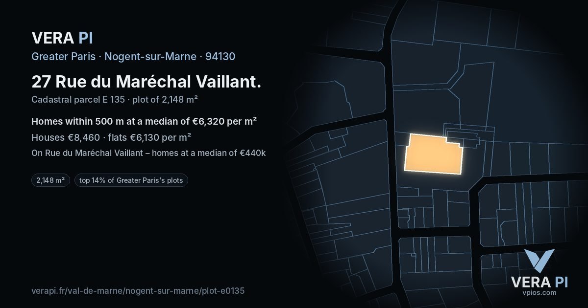 27 Rue du Maréchal Vaillant, Nogent-sur-Marne at night – the plot lit, the parcels around coloured by the prices near them