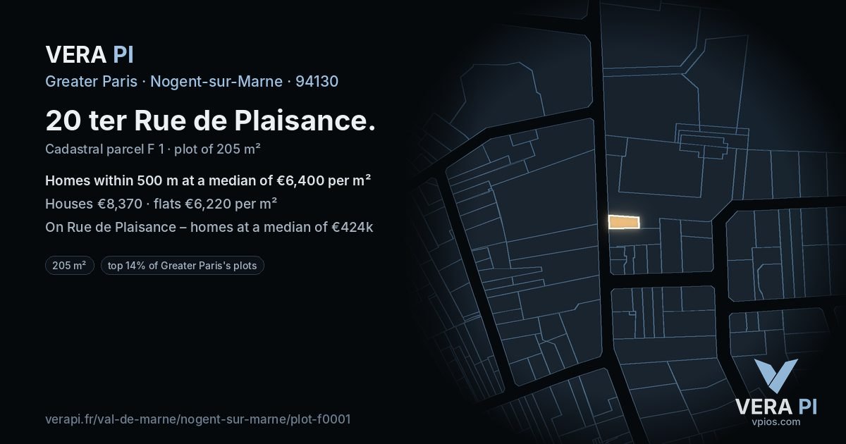 20 ter Rue de Plaisance, Nogent-sur-Marne at night – the plot lit, the parcels around coloured by the prices near them