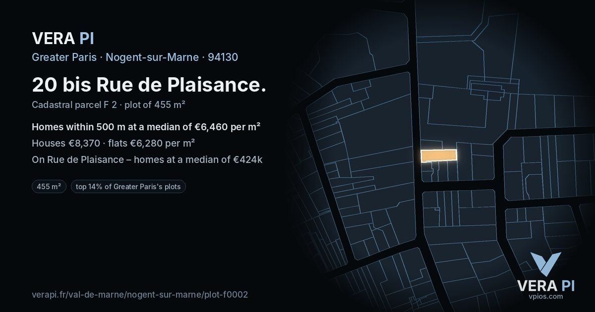 20 bis Rue de Plaisance, Nogent-sur-Marne at night – the plot lit, the parcels around coloured by the prices near them
