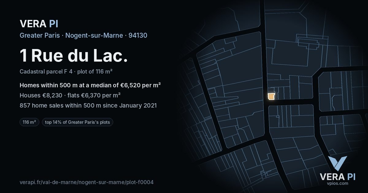 1 Rue du Lac, Nogent-sur-Marne at night – the plot lit, the parcels around coloured by the prices near them