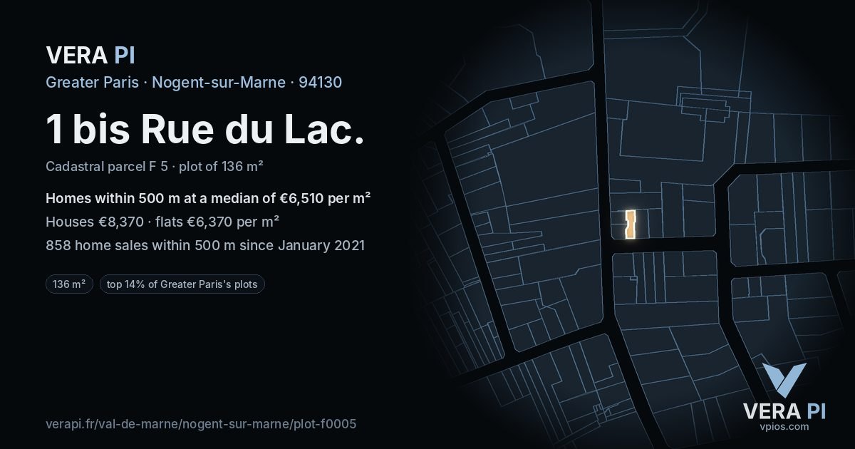 1 bis Rue du Lac, Nogent-sur-Marne at night – the plot lit, the parcels around coloured by the prices near them