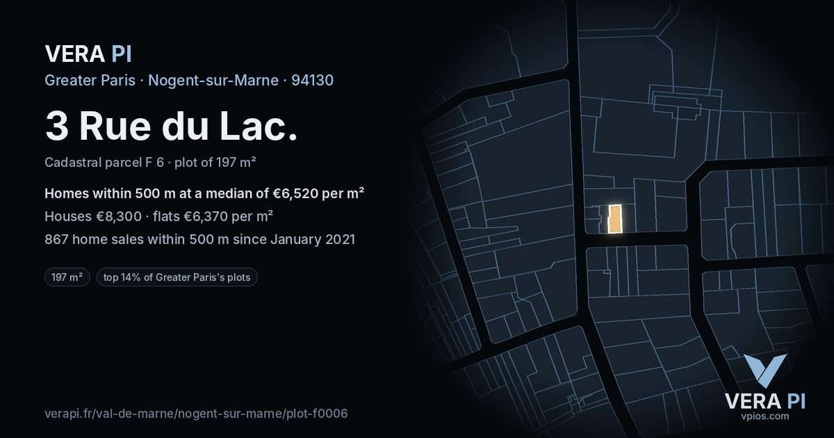 3 Rue du Lac, Nogent-sur-Marne at night – the plot lit, the parcels around coloured by the prices near them