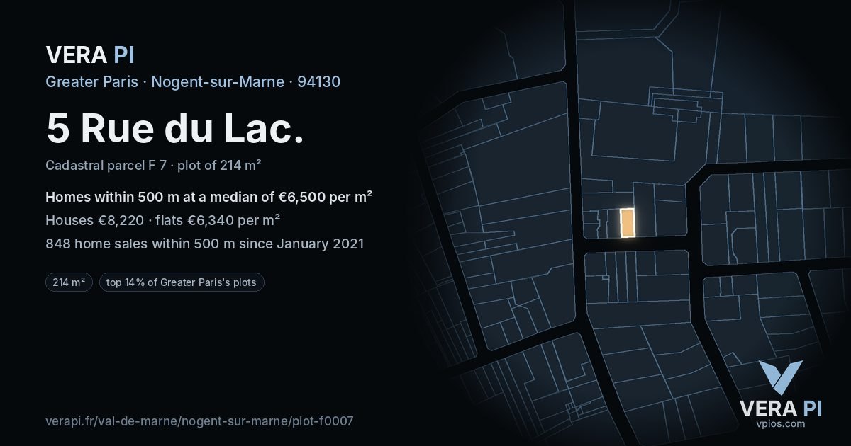 5 Rue du Lac, Nogent-sur-Marne at night – the plot lit, the parcels around coloured by the prices near them