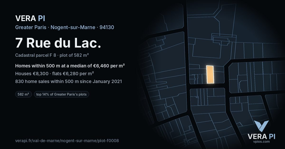 7 Rue du Lac, Nogent-sur-Marne at night – the plot lit, the parcels around coloured by the prices near them