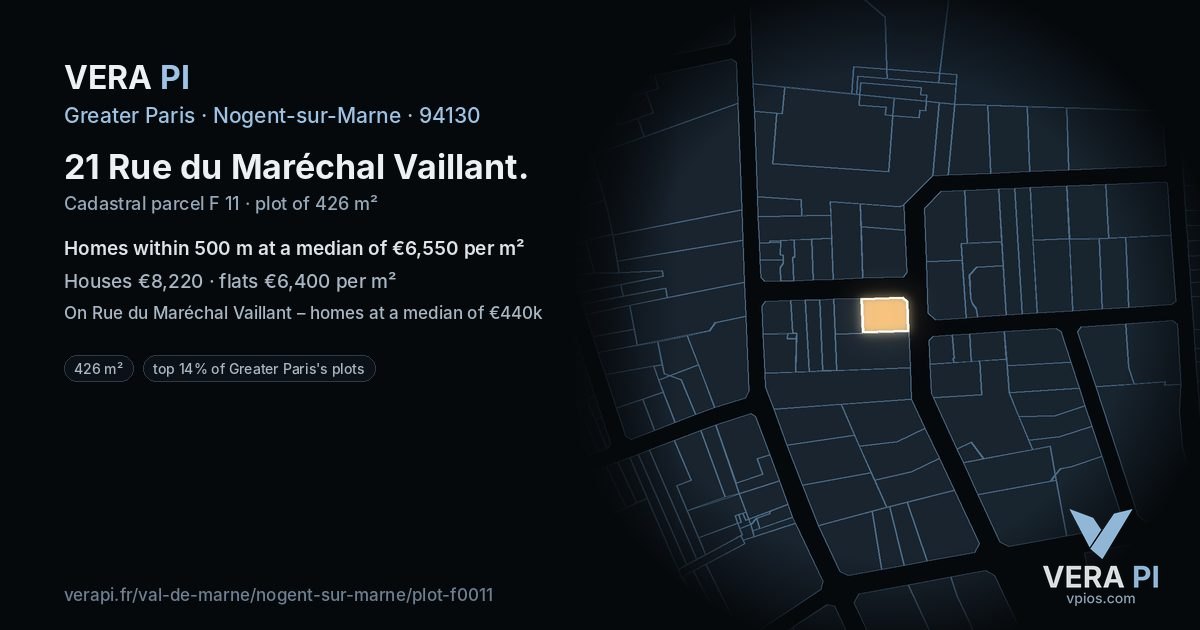 21 Rue du Maréchal Vaillant, Nogent-sur-Marne at night – the plot lit, the parcels around coloured by the prices near them