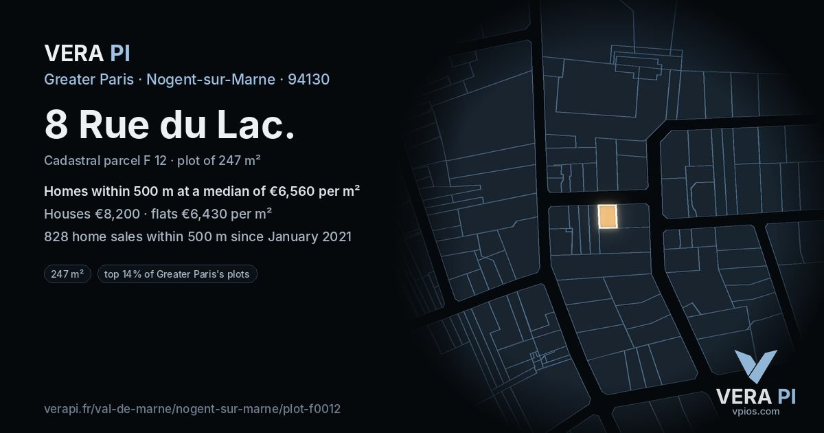 8 Rue du Lac, Nogent-sur-Marne at night – the plot lit, the parcels around coloured by the prices near them