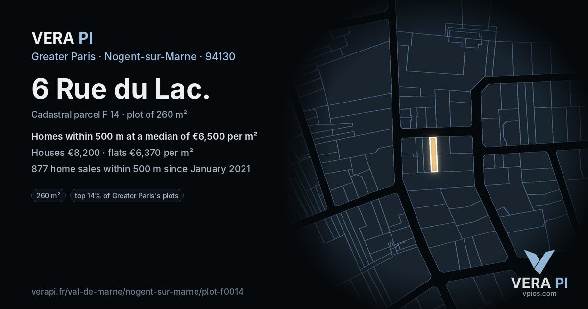 6 Rue du Lac, Nogent-sur-Marne at night – the plot lit, the parcels around coloured by the prices near them
