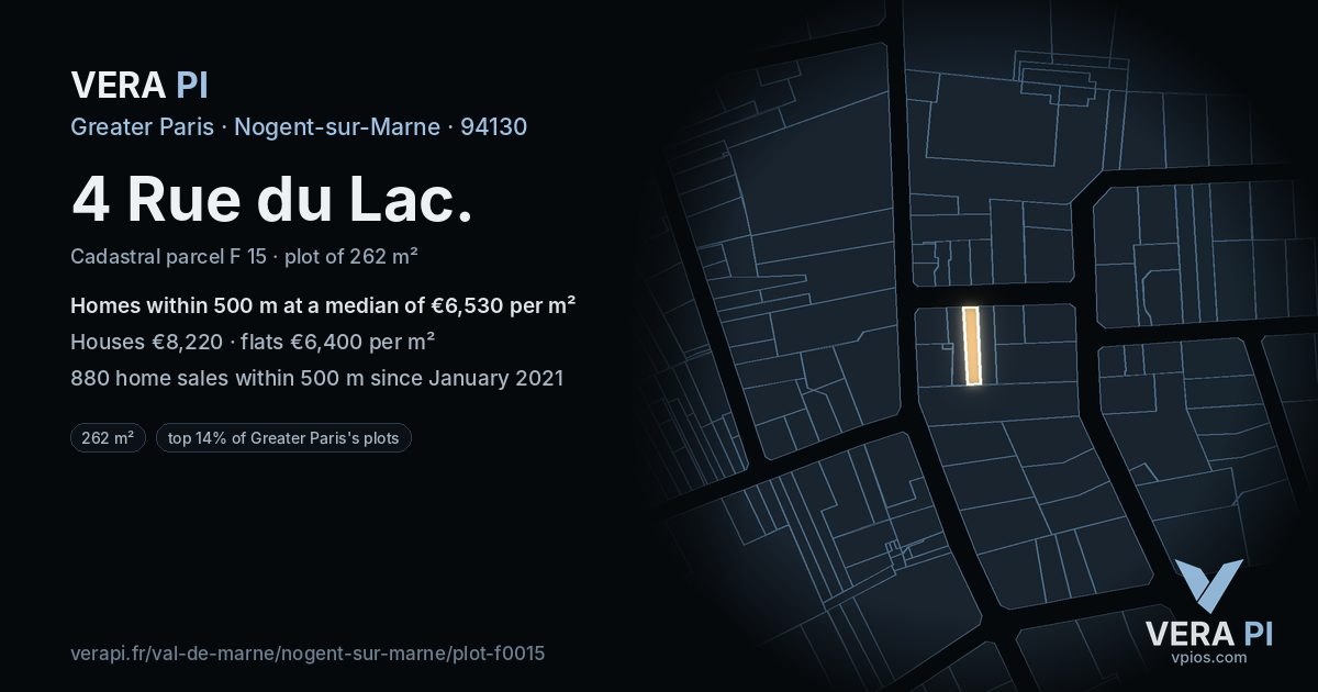 4 Rue du Lac, Nogent-sur-Marne at night – the plot lit, the parcels around coloured by the prices near them