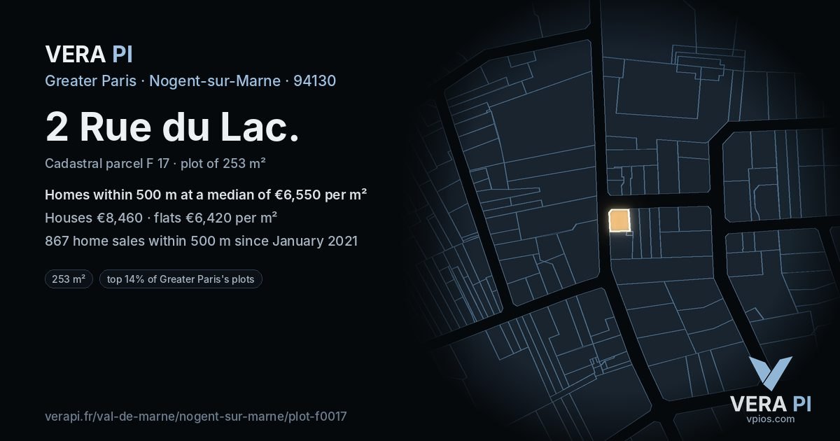 2 Rue du Lac, Nogent-sur-Marne at night – the plot lit, the parcels around coloured by the prices near them