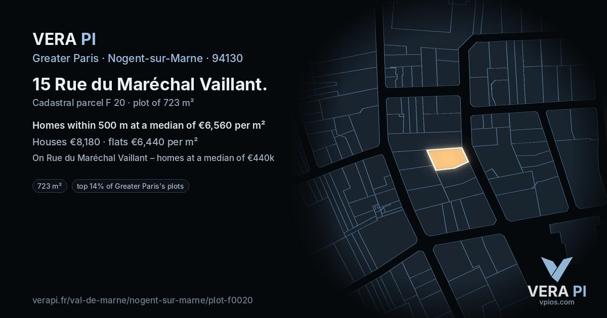 15 Rue du Maréchal Vaillant, Nogent-sur-Marne at night – the plot lit, the parcels around coloured by the prices near them