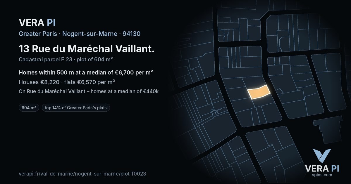 13 Rue du Maréchal Vaillant, Nogent-sur-Marne at night – the plot lit, the parcels around coloured by the prices near them