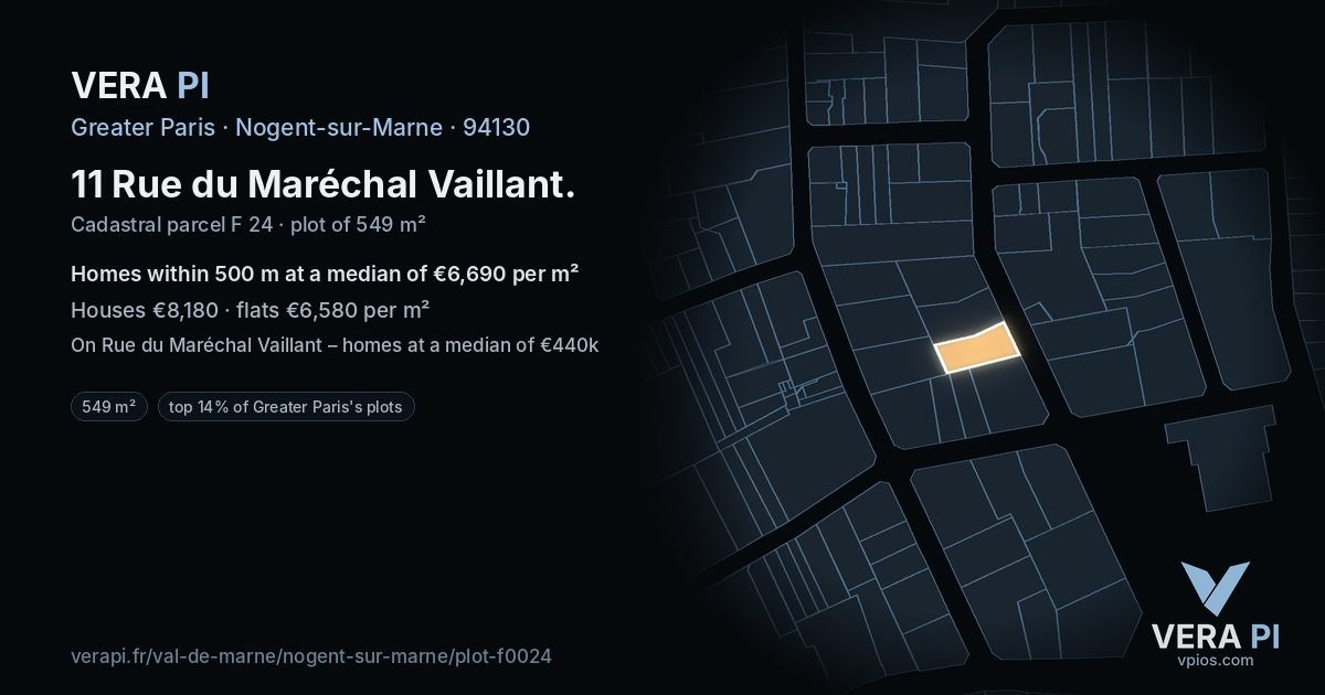 11 Rue du Maréchal Vaillant, Nogent-sur-Marne at night – the plot lit, the parcels around coloured by the prices near them