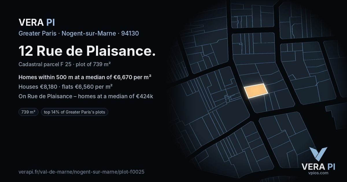 12 Rue de Plaisance, Nogent-sur-Marne at night – the plot lit, the parcels around coloured by the prices near them