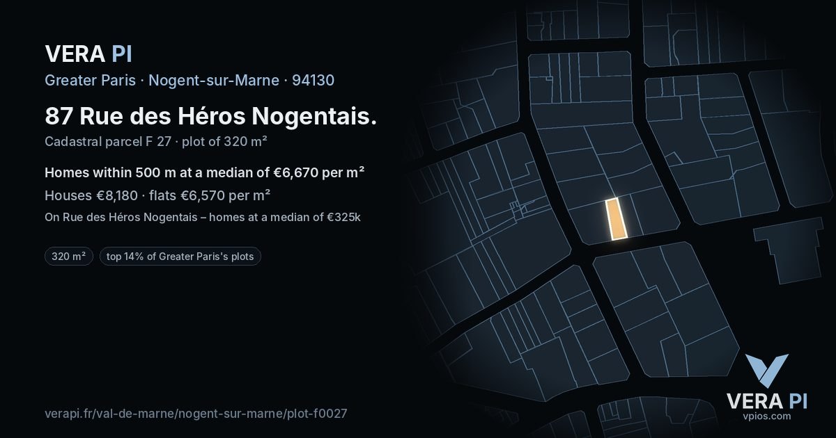 87 Rue des Héros Nogentais, Nogent-sur-Marne at night – the plot lit, the parcels around coloured by the prices near them