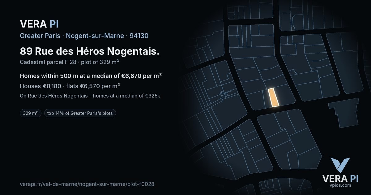89 Rue des Héros Nogentais, Nogent-sur-Marne at night – the plot lit, the parcels around coloured by the prices near them